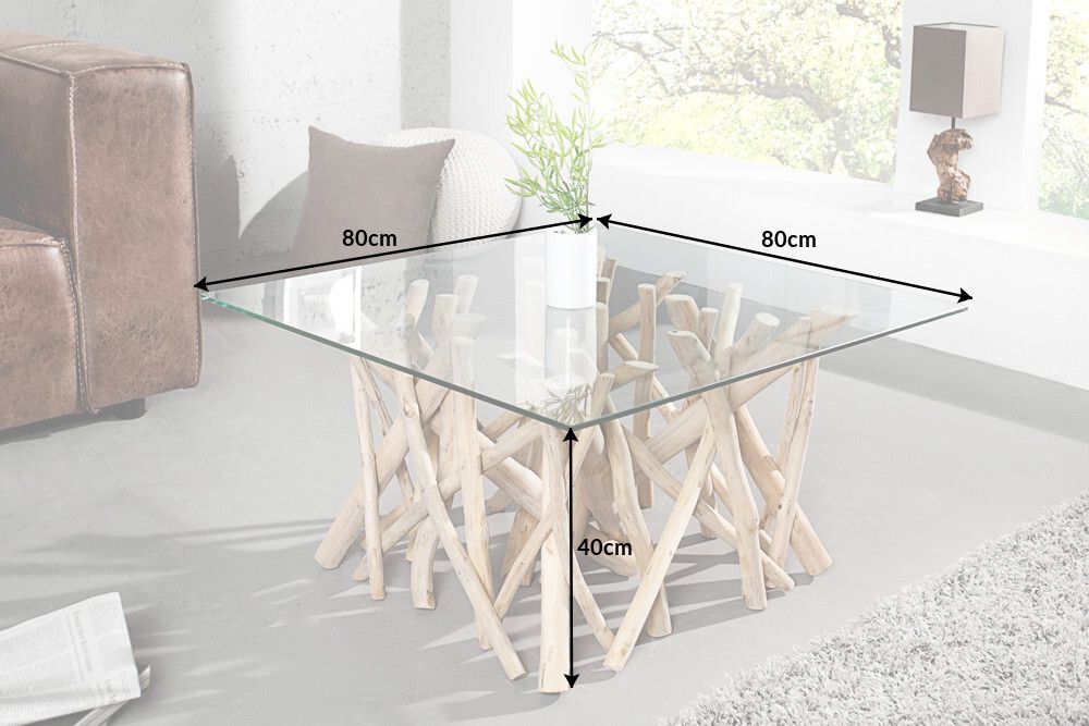 Design Teakholz Couchtisch DRIFTWOOD 80cm mit Glasplatte eckig
