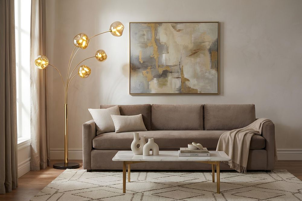 Design Stehlampe LIQUID DIAMOND 200cm gold fünf Glasschirme mit Marmorfuß