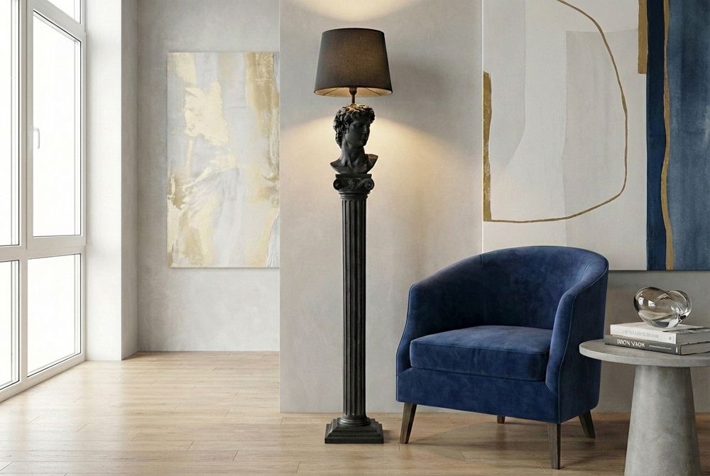 Handgefertigte Stehlampe DAVID 120cm schwarz mit Büste Stoffschirm