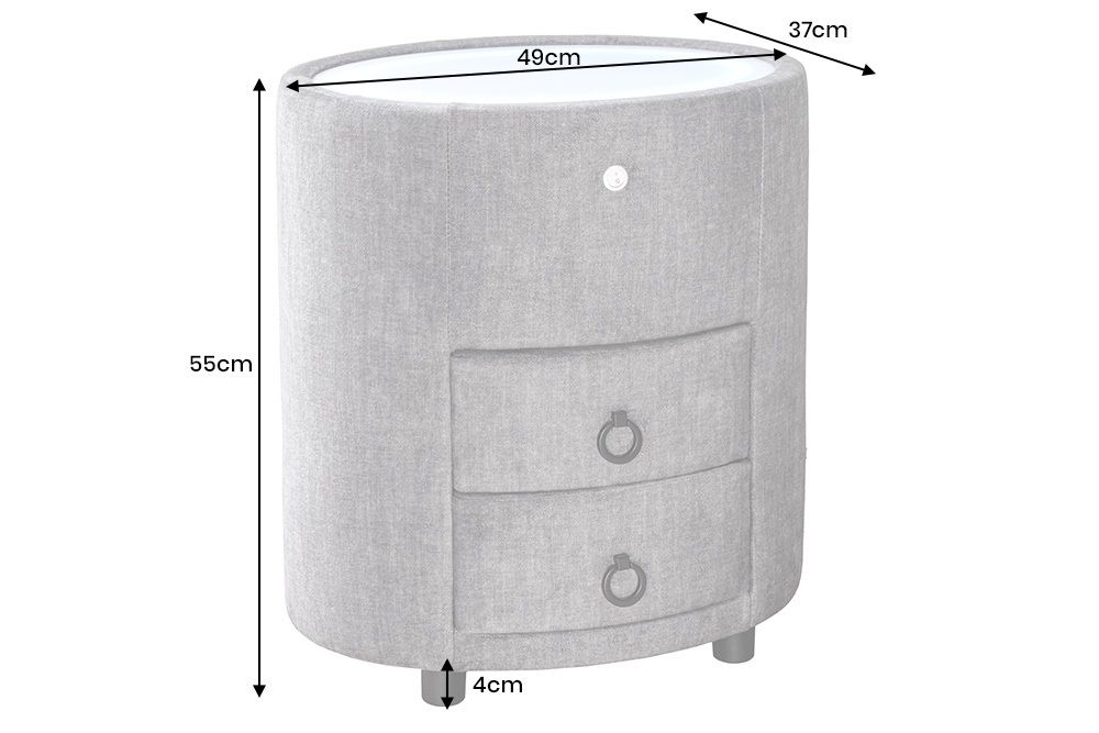 Nachttisch SIGNUM 55cm oval grau Vogue Seiden Samtstoff inkl. Beleuchtung Schubladen
