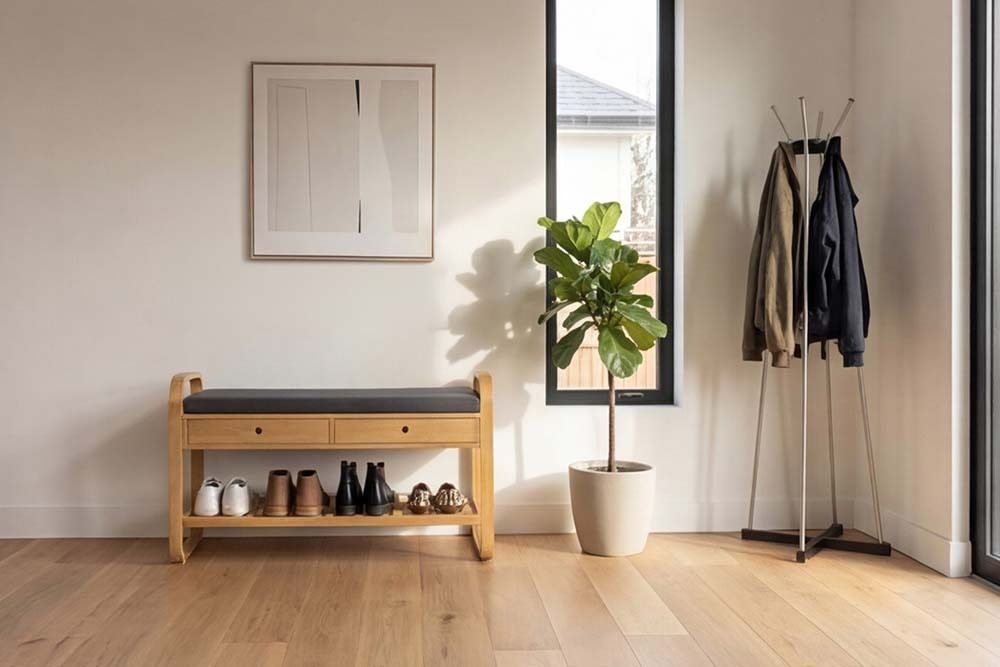 Stilvolle Schuhbank ZEN-BO 100cm natur grau Bambus Regal Sitzbank mit Schubladen