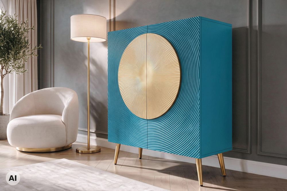 Massives Highboard AURUM 120cm türkis Mangoholz mit ikonischem Gold-Element