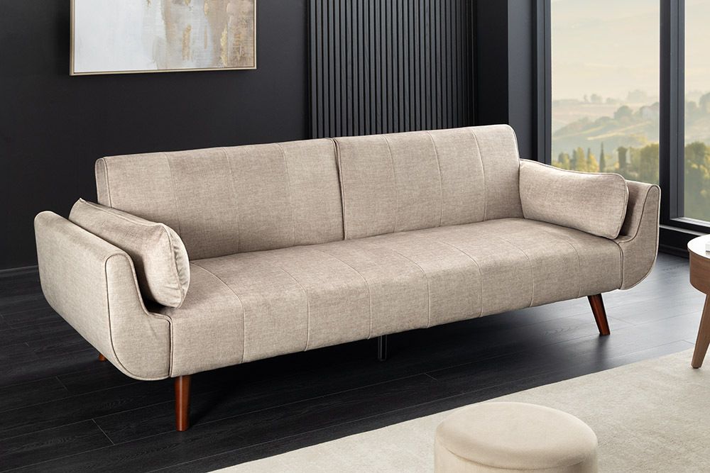 Design Schlafsofa DIVANI 220cm champagner beige Samt 3-Sitzer mit Bettfunktion Walnuss-Füße