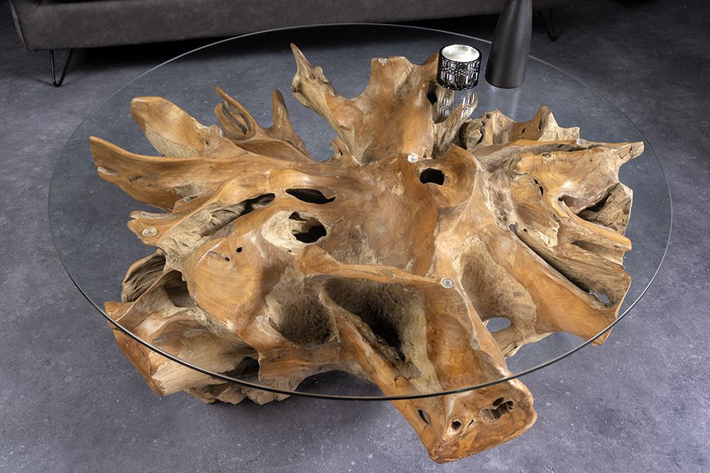 Runder Couchtisch ROOT 100cm natur Teak Massivholz aus Wurzelholz mit Glasplatte