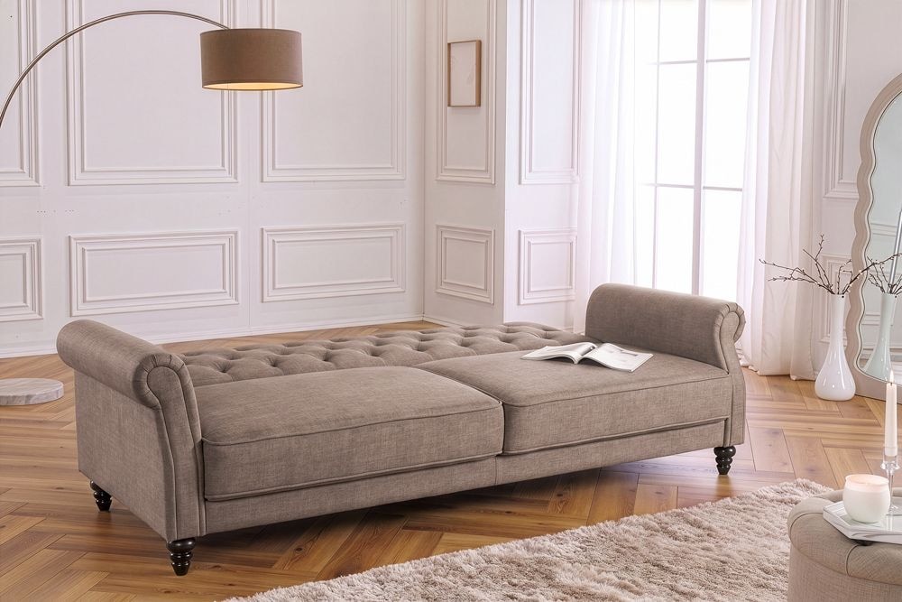 Schlafsofa MAISON BELLE AFFAIRE 220cm greige Vogue Seiden Samtstoff 3-Sitzer