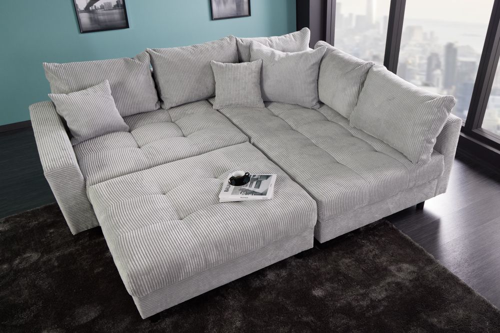 Modernes Ecksofa KENT 220cm hellgrau Cord inkl. Hocker Federkern L-Form Wohnlandschaft