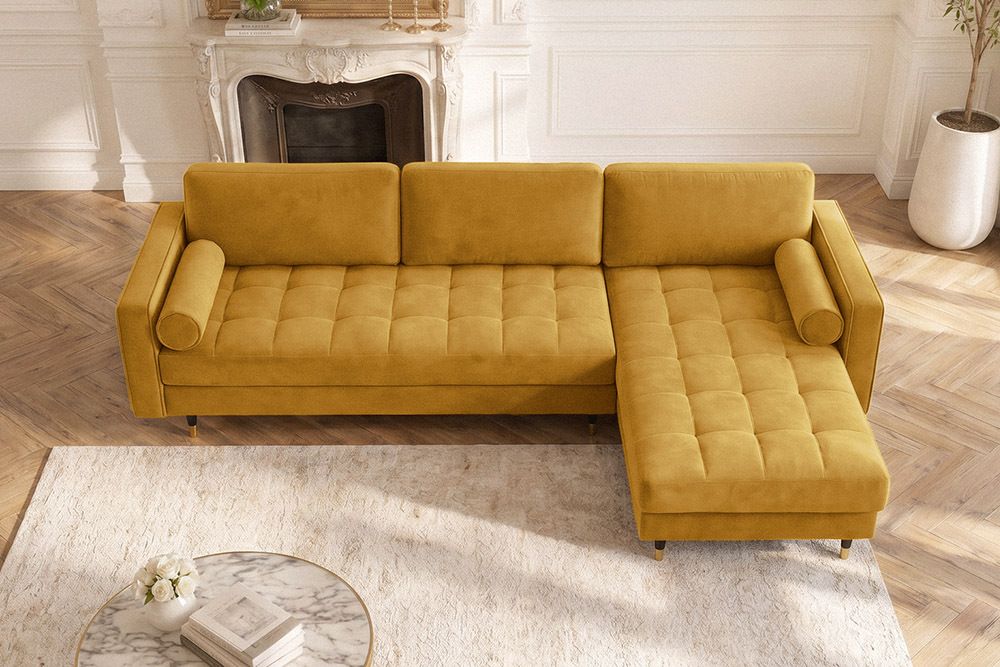 Elegantes Ecksofa COZY VELVET 260cm senfgelb Samt Federkern 3-Sitzer