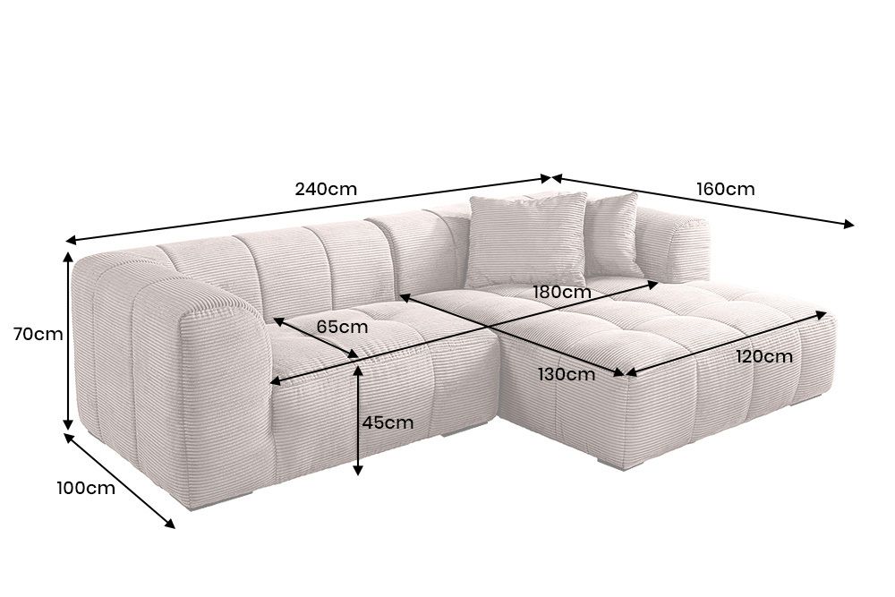 Modernes Ecksofa ZERO GRAVITY 240cm greige Cord 3-Sitzer Couch L-Form