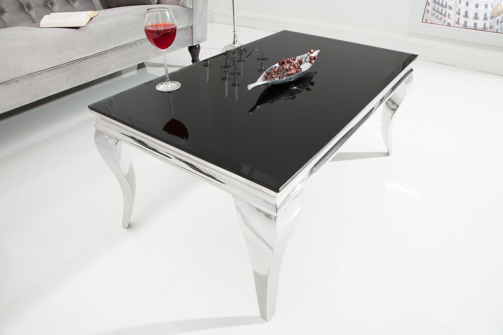 Eleganter Couchtisch MODERN BAROCK 100cm silber mit schwarzem Opalglas