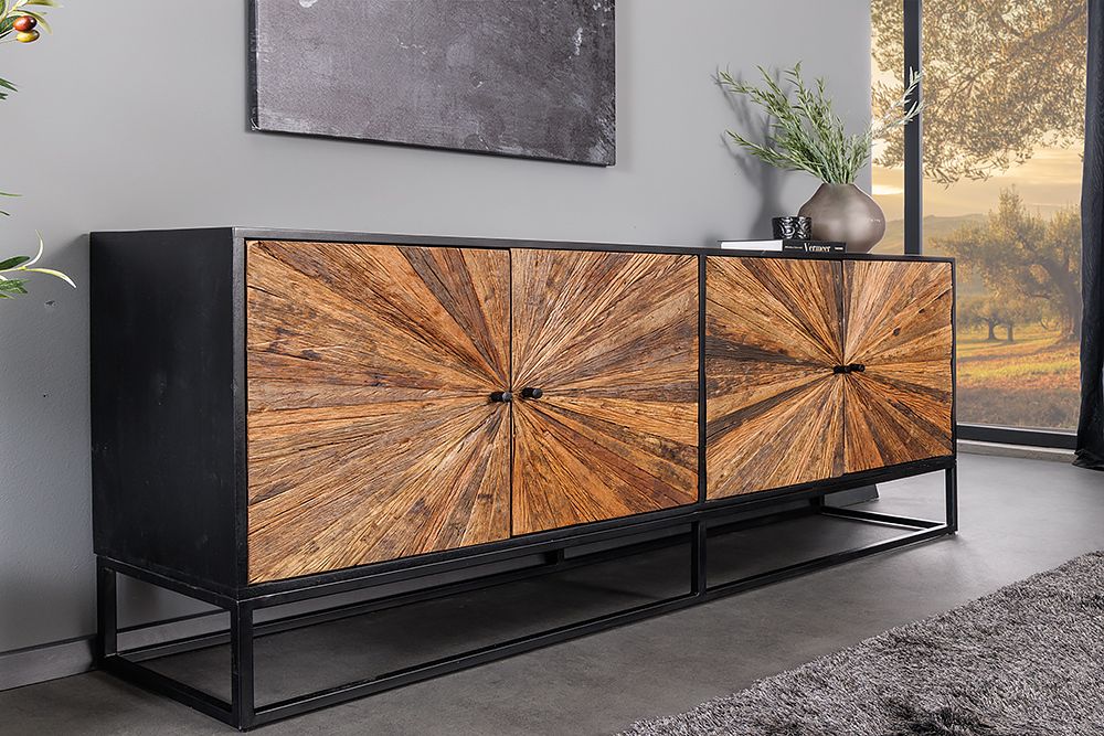 Massives Sideboard BARRACUDA 180cm braun Mangoholz mit Teakholz-Front schwarz Metall
