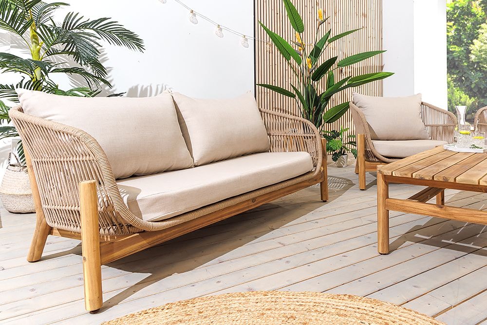 Wetterfestes Gartenlounge Set ROPE natur beige Akazienholz Aluminium inkl. Tisch Sitzpolster