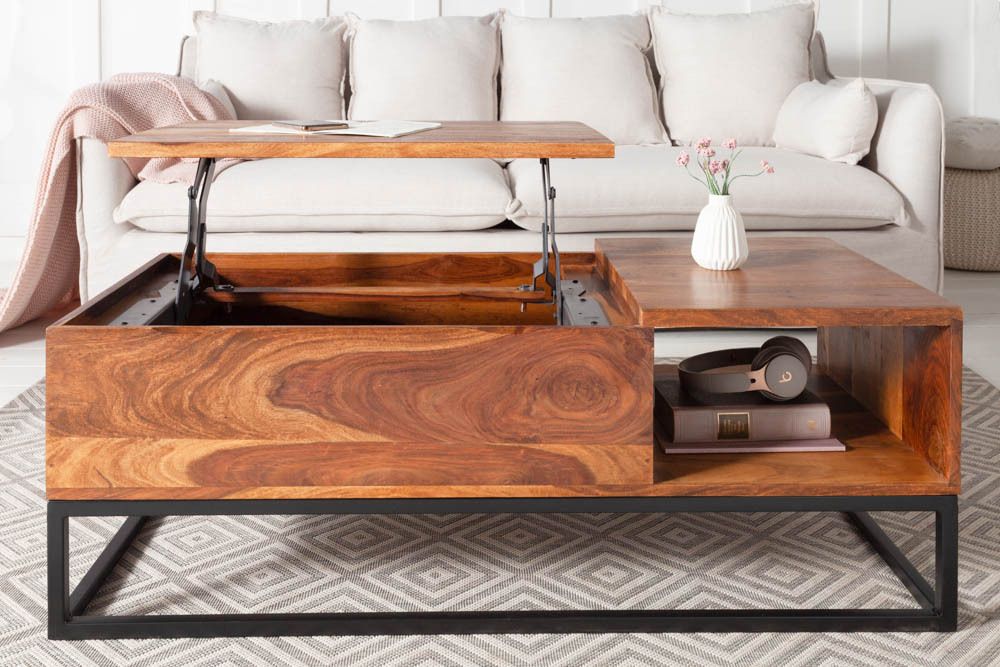 Höhenverstellbarer Couchtisch MAKASSAR FUNCTION 110cm braun Sheesham Massivholz stone finish