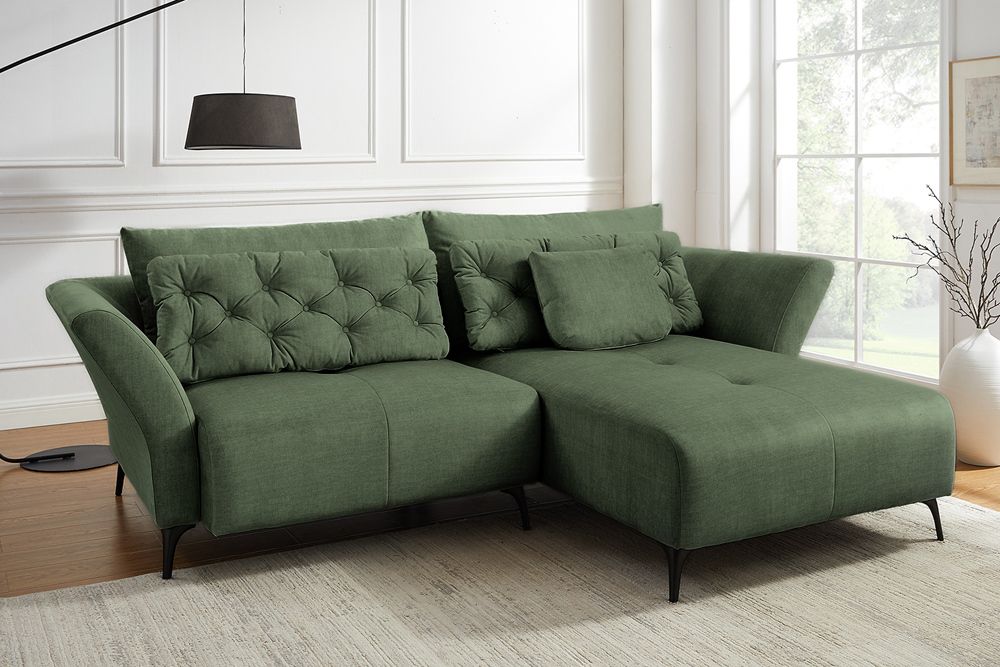 Modernes Ecksofa MARRAKESCH 265cm grün Samt 3-Sitzer inkl. Kissen Ottomane rechts