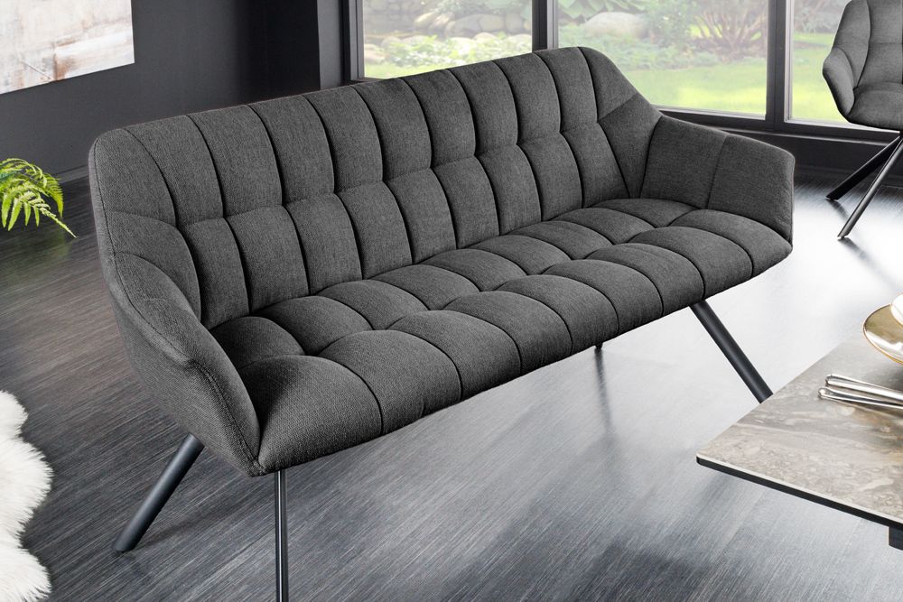 Esszimmer Sitzbank PAPILLON 165cm anthrazit Flachgewebe mit Lehnen schwarzes Metallgestell