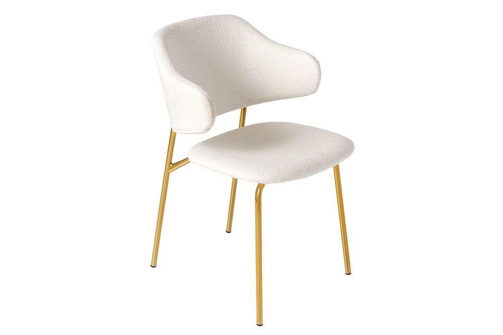 Design Stuhl VOGUE weiß Bouclé goldene Metallbeine