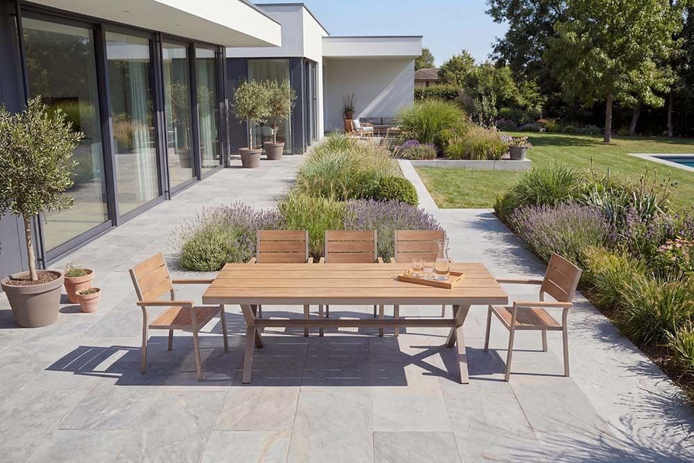 Moderner Gartenstuhl DESIGNO 90cm natur greige Aluminium stapelbar wetterfest