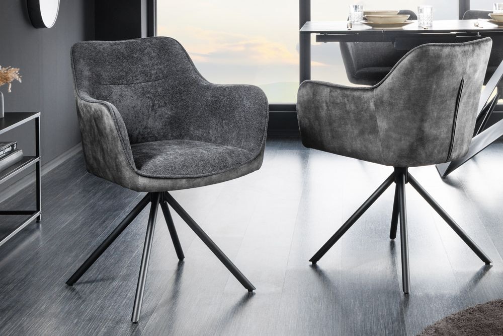 Drehbarer Stuhl VERONA dunkelgrau Samt Strukturstoff mit Armlehne Metallbeine schwarz