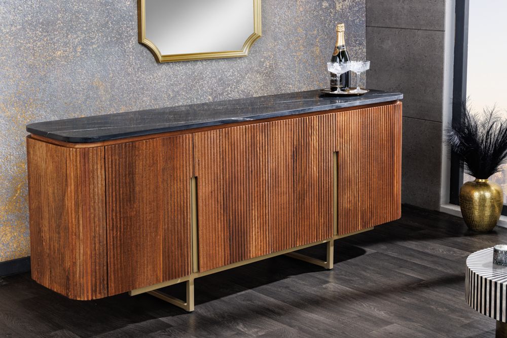 Design Sideboard GATSBY 160cm braun gold Mangoholz Marmor Metallgestell
