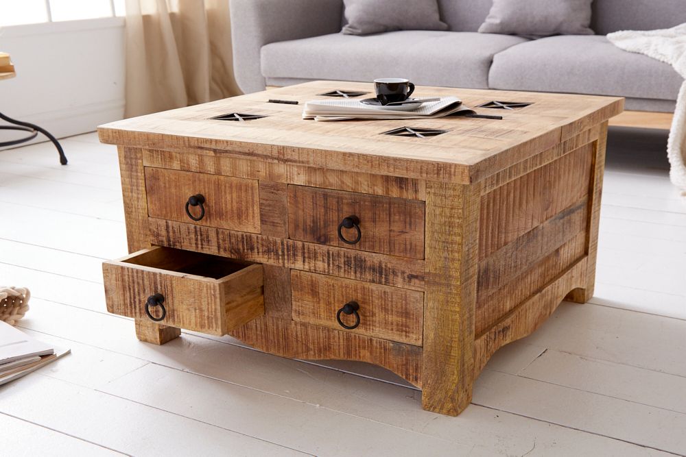 Massiver Couchtisch IRON CRAFT 70cm natur Holz Truhe mit Schubladen und Stauraum
