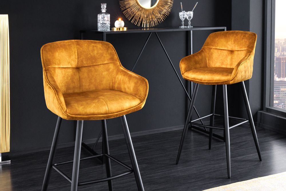 Design Barhocker EUPHORIA senfgelb Samt schwarze Metallbeine Barstuhl mit Lehne