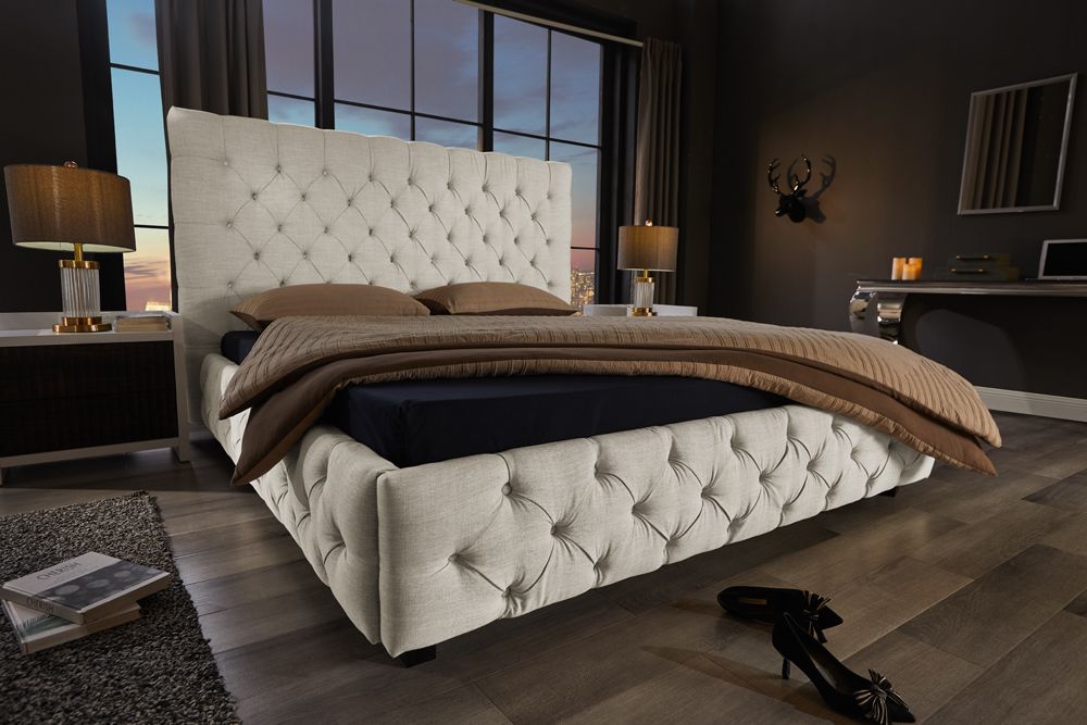 Design Boxbett PARIS 180x200cm beige Leinen Chesterfield Doppelbett