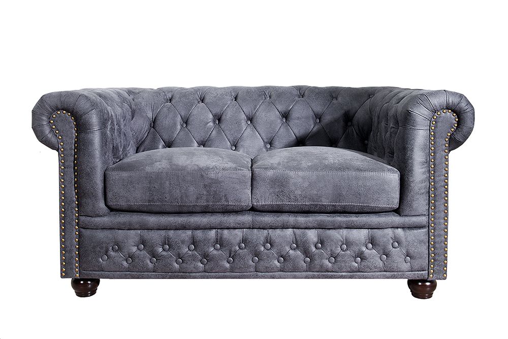 Chesterfield 2-Sitzer Sofa 150cm antik grau Microfaser Federkern Knopfheftung