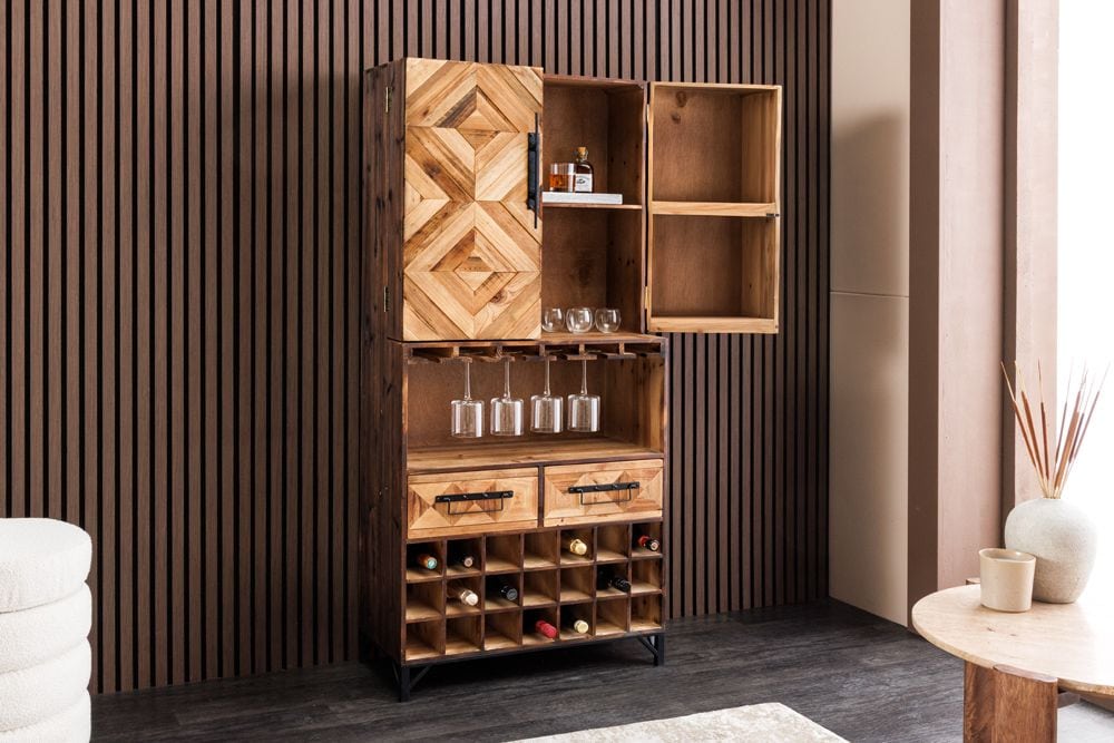 Design Barschrank BODEGA 160cm natur Pinienholz Weinregal Glashalter Schubladen