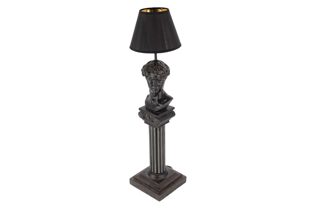 Handgefertigte Tischlampe DAVID 70cm schwarz mit Büste Stoffschirm