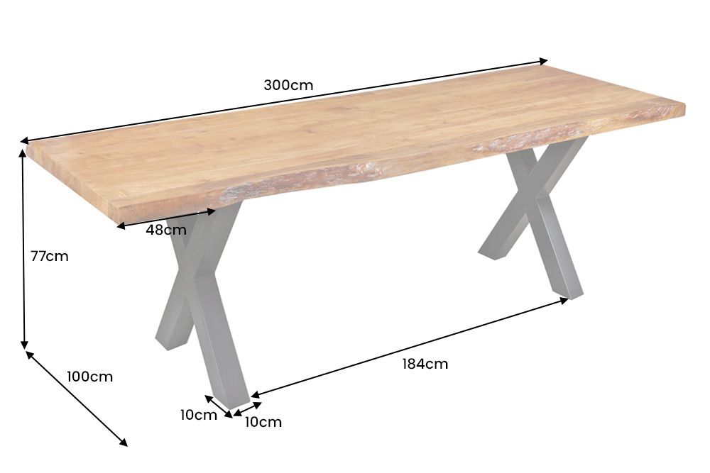 Massivholz Esstisch MAMMUT 300cm Akazie X-Gestell schwarz Metall Baumkante 6cm Tischplatte