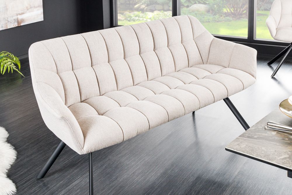Esszimmer Sitzbank PAPILLON 165cm champagner beige mit Lehnen schwarzes Metallgestell