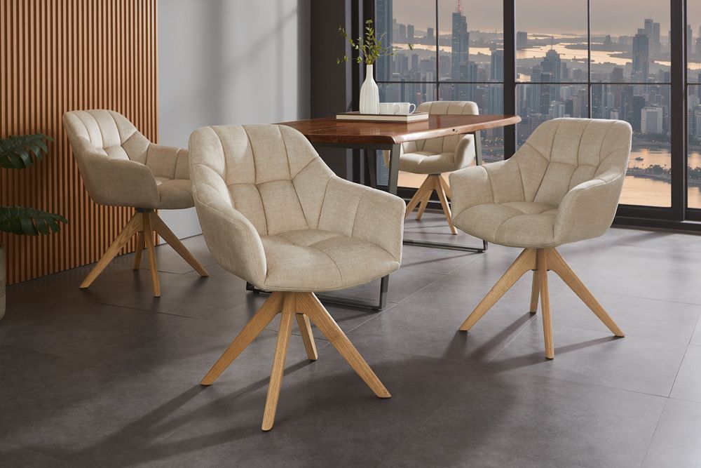 Drehbarer Design Stuhl PAPILLON beige Samt Eiche Massivholz mit Armlehnen