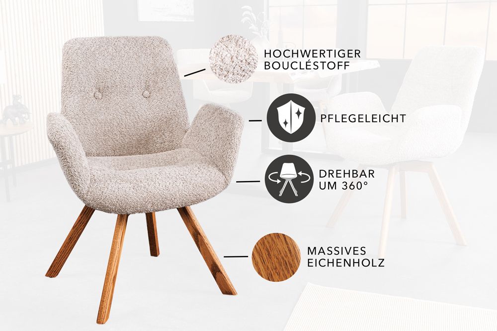Drehbarer Design Stuhl BALTIC beige Bouclé natur Eiche Massivholz-Beine mit Armlehne