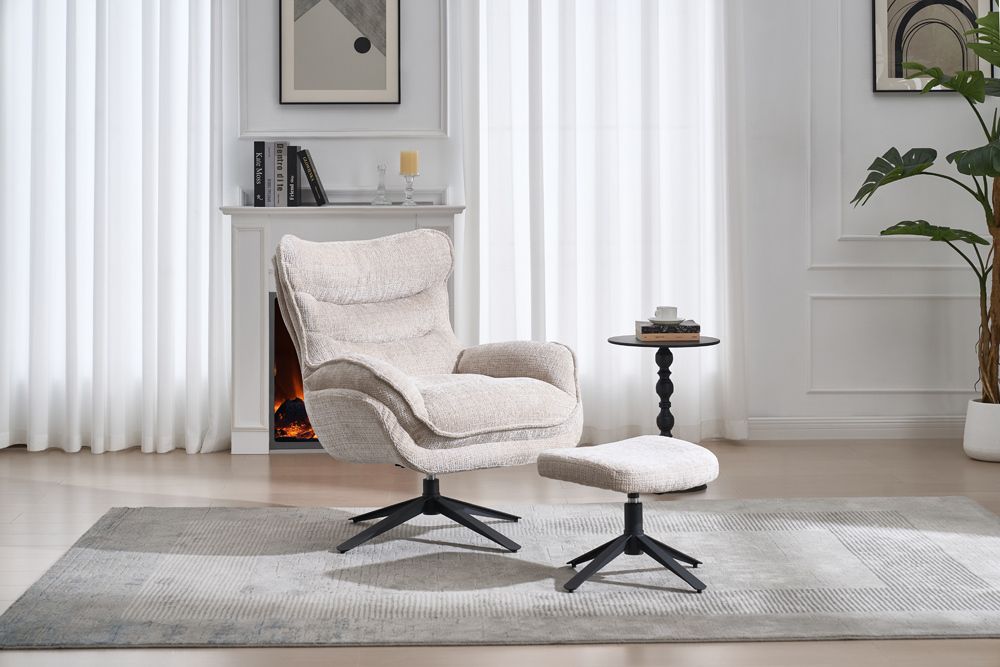 Drehbarer Sessel CLOUD champagner beige Chenille schwarz Metall