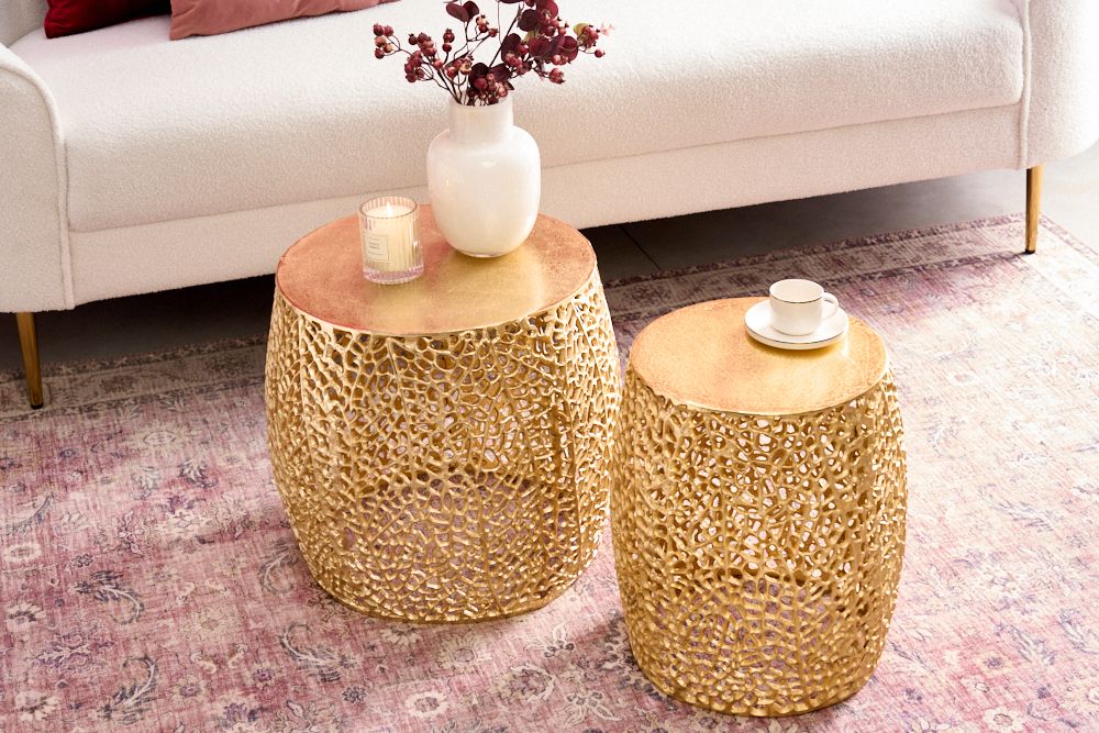 2er Set Filigraner Design Couchtisch ABSTRACT LEAF gold Handarbeit Metall rund