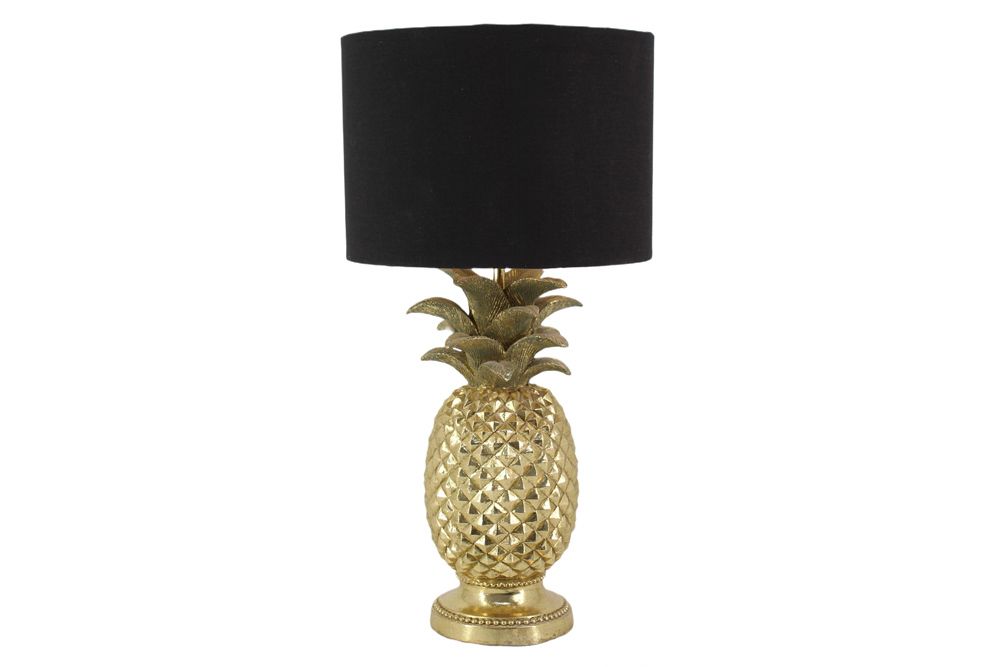 Handgefertigte Tischlampe PINEAPPLE 50cm gold schwarz Ananas-Design mit Stoffschirm
