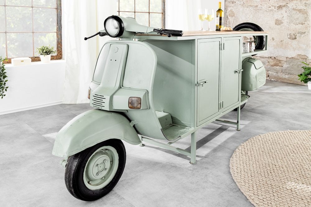 Extravaganter Barschrank SCOOTER 250cm salbei Retro-Konsole Motorroller mit Mangoholz Upcycling
