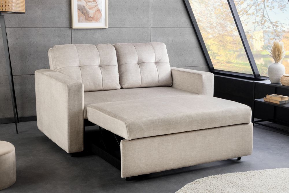 Sofa mit Schlaffunktion SMART 140cm champagner beige hochwertiger Vogue Seiden Samtstoff