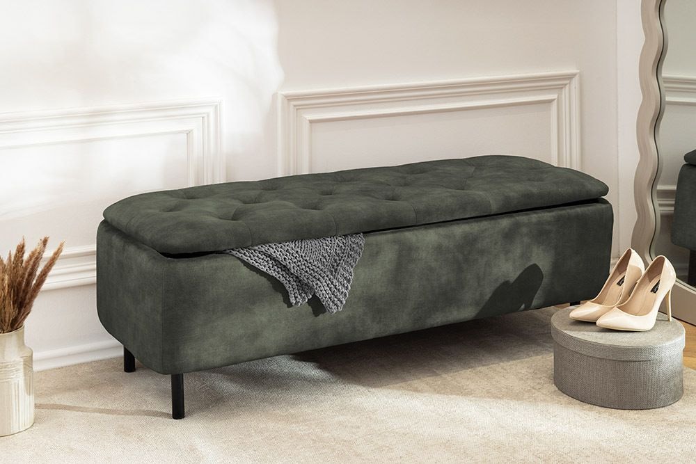 Extravagante Polsterbank EN VOGUE 120cm grün Samt mit Stauraum schwarze Metallbeine