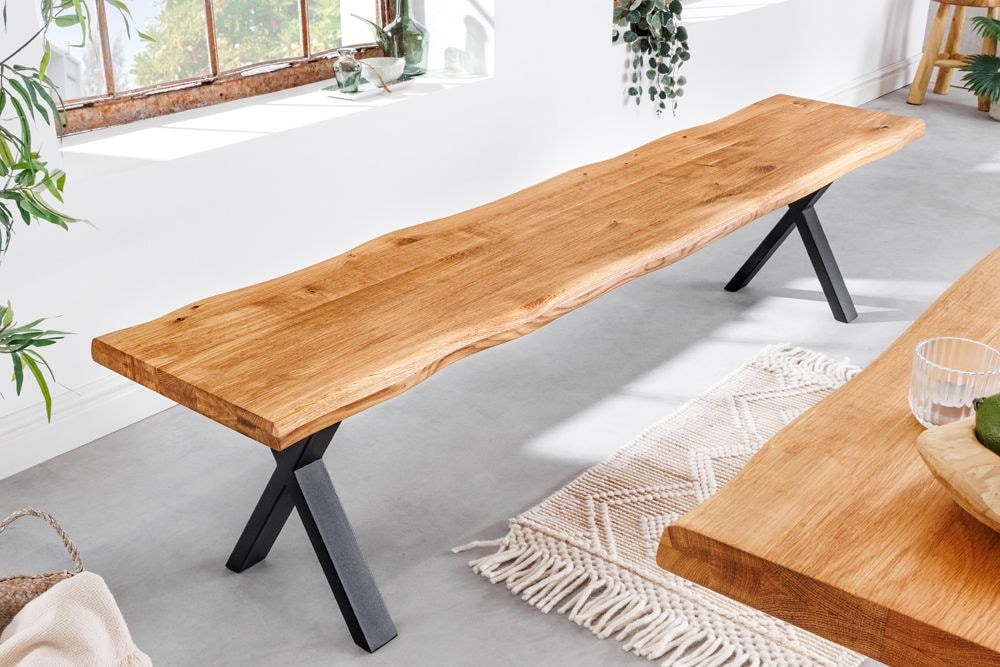 Massivholz Sitzbank WILD OAK 160cm Eiche Baumkante X-Gestell Industrial