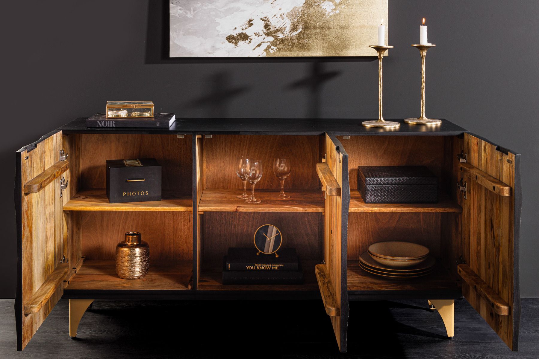 Handgearbeitetes Sideboard GOLDEN SUNSET 140cm schwarz mit 3D Schnitzereien gold Mangoholz Metallbeine