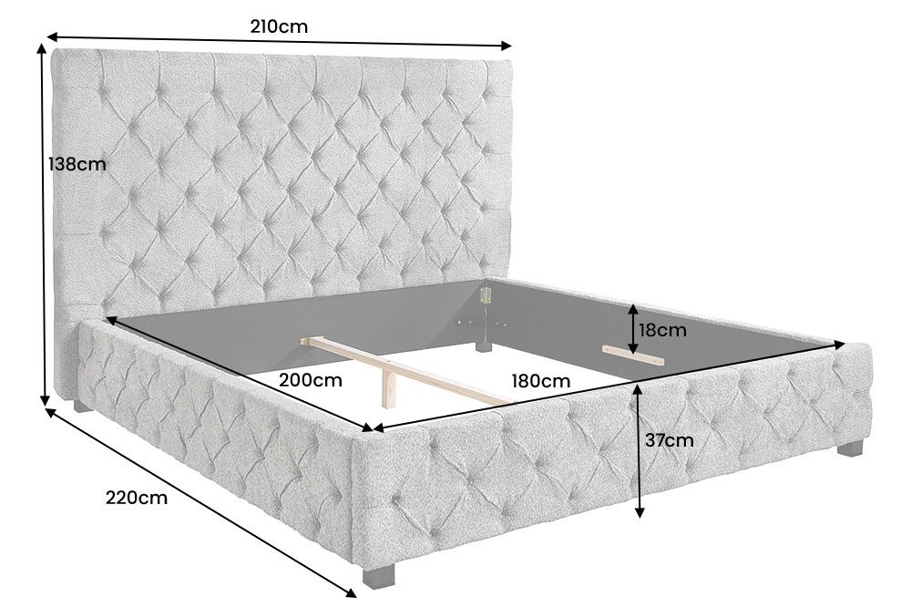 Design Boxbett PARIS 180x200 cm grau Bouclé Chesterfield