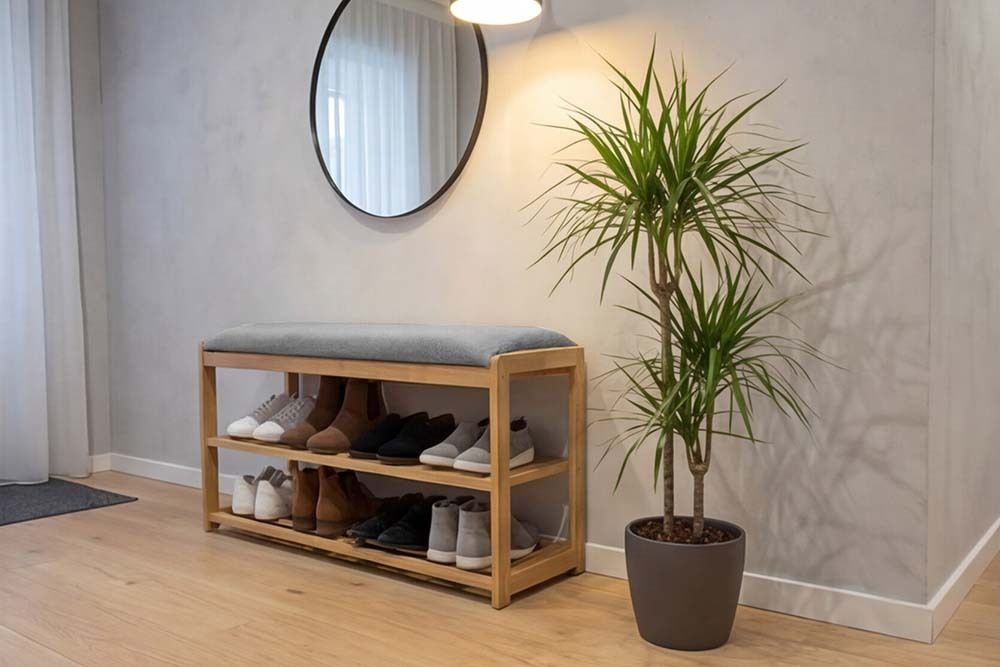 Stilvolle Schuhbank ZEN-BO 80cm natur grau Bambus Regal Sitzbank mit Stauraum