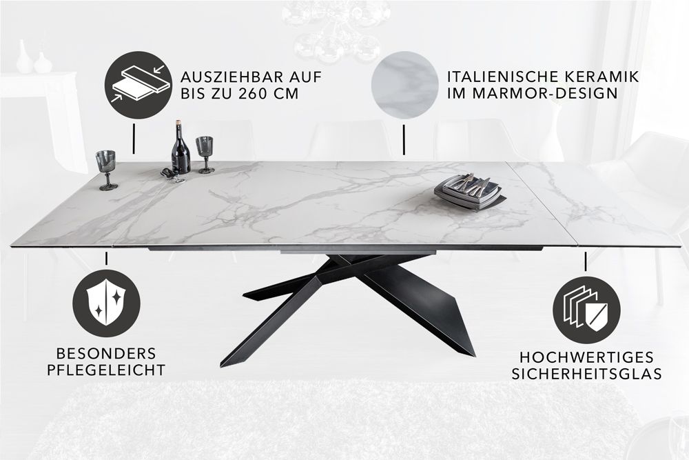 Ausziehbarer Esstisch EUPHORIA 180-220-260cm Marmor weiß Keramik made in Italy