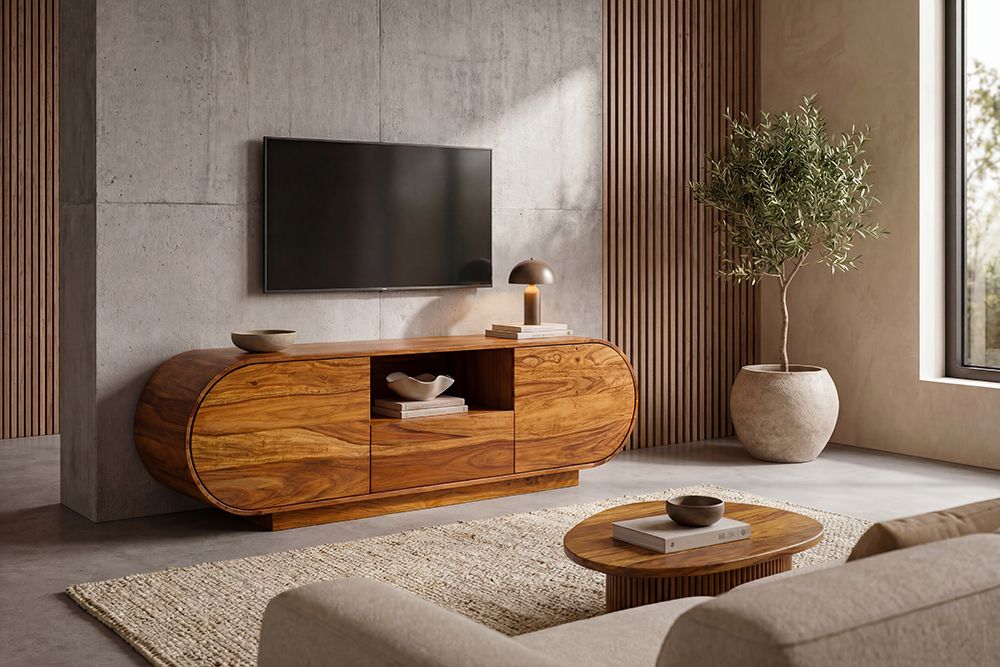 Massives TV-Board ORGANIKO 160cm braun Sheeshamholz stone finish ovales Lowboard