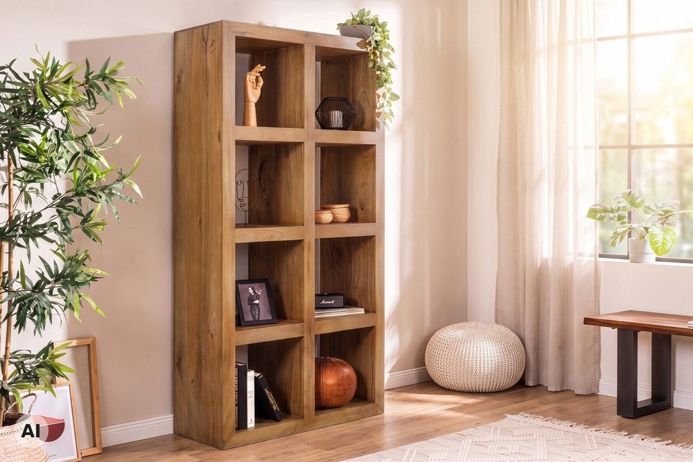 Massives Regal MAKASSAR 180cm braun honey finish Mangoholz 8 Fächer handmade