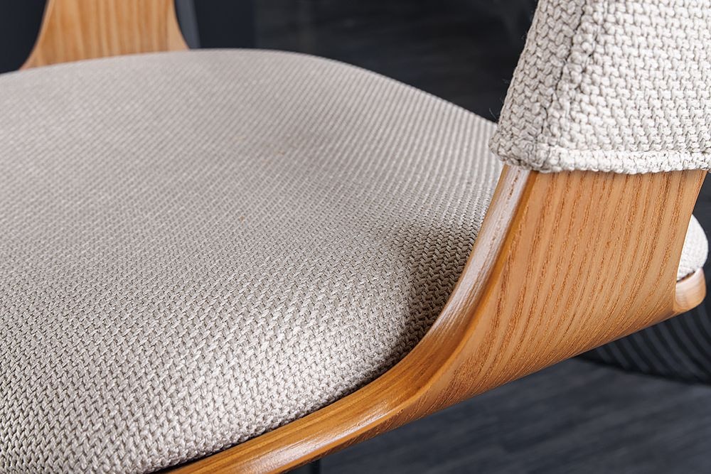 Retro Barhocker MANHATTAN beige Strukturstoff Eschenholz drehbar höhenverstellbar