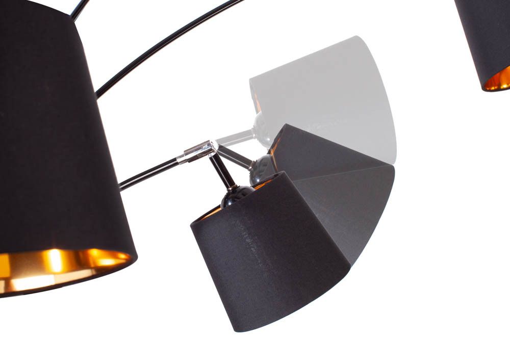 Design Bogenlampe LEVELS 205cm schwarz gold 5 neigbare Leinenschirme Stehlampe
