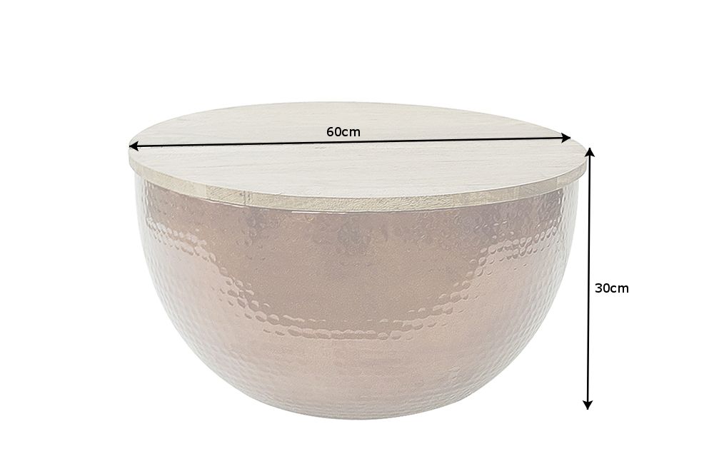 Runder Couchtisch ORIENT STORAGE 60cm kupfer Hammerschlag handmade Akazienholz mit Stauraum