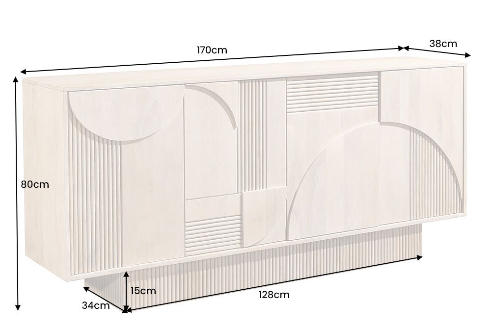 Design Sideboard ART DECO 170cm weiß gekälkt Mangoholz massiv 3D-Front