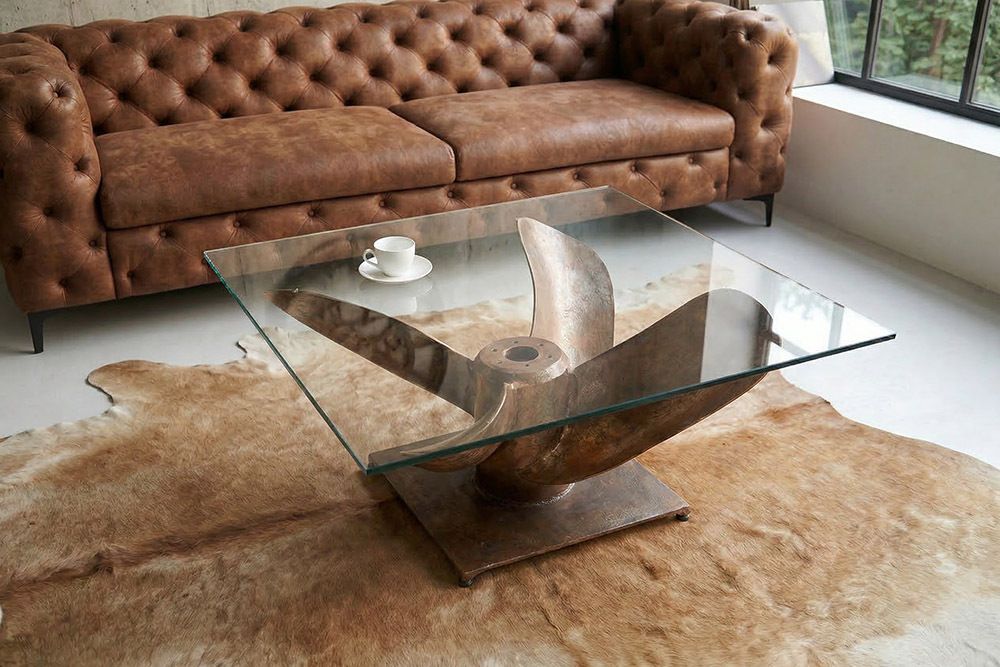 Maritimer Couchtisch OCEAN L 85cm antik kupfer mit Schiffsschraube und Glasplatte